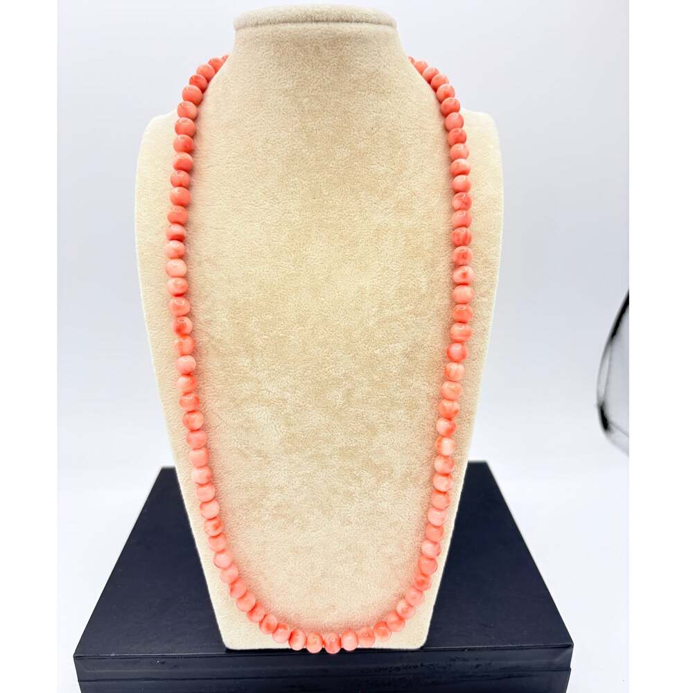 Vintage Genuine Pink Coral Bead Necklace 23" Salmon Coral Strand 7mm Bead